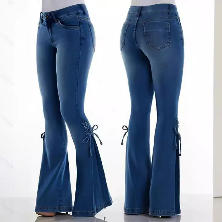 Girlary-shop summer outfits inspo Women's Jeans Mid-Waist Lace-up Denim Trousers Stretch Jeans Women's Flared Pants Denim
