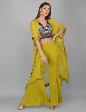 Green Hand Embroidered Applique Blouse Cape Set