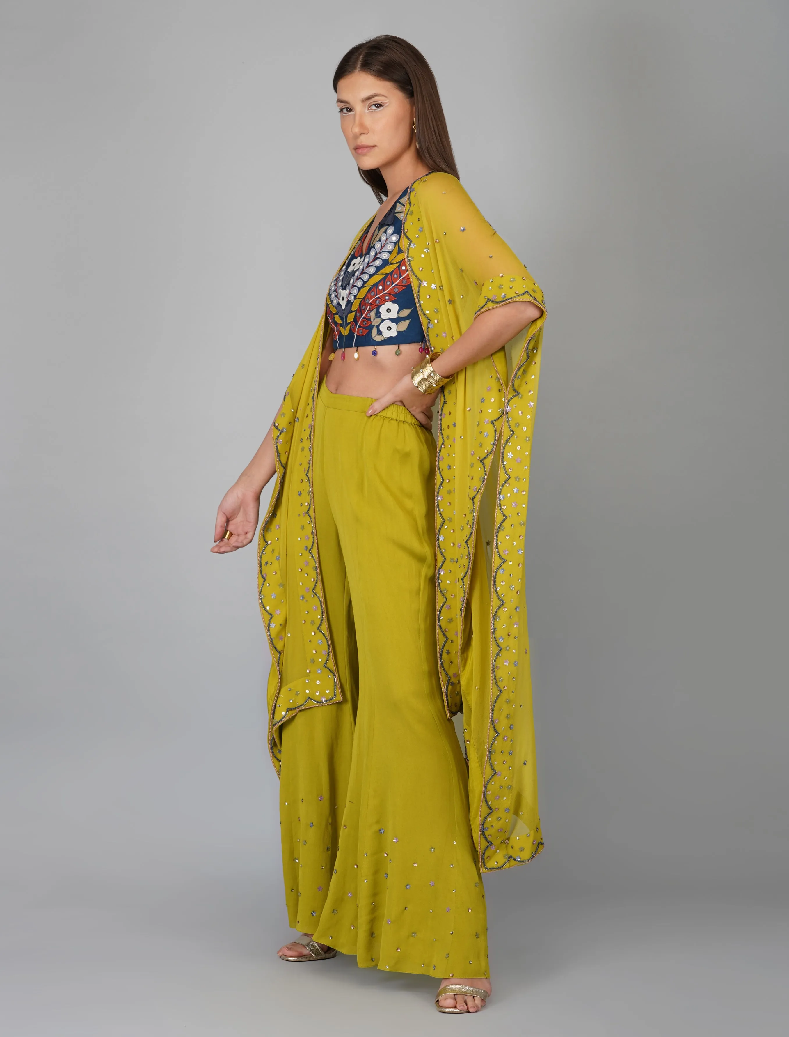 Green Hand Embroidered Applique Blouse Cape Set