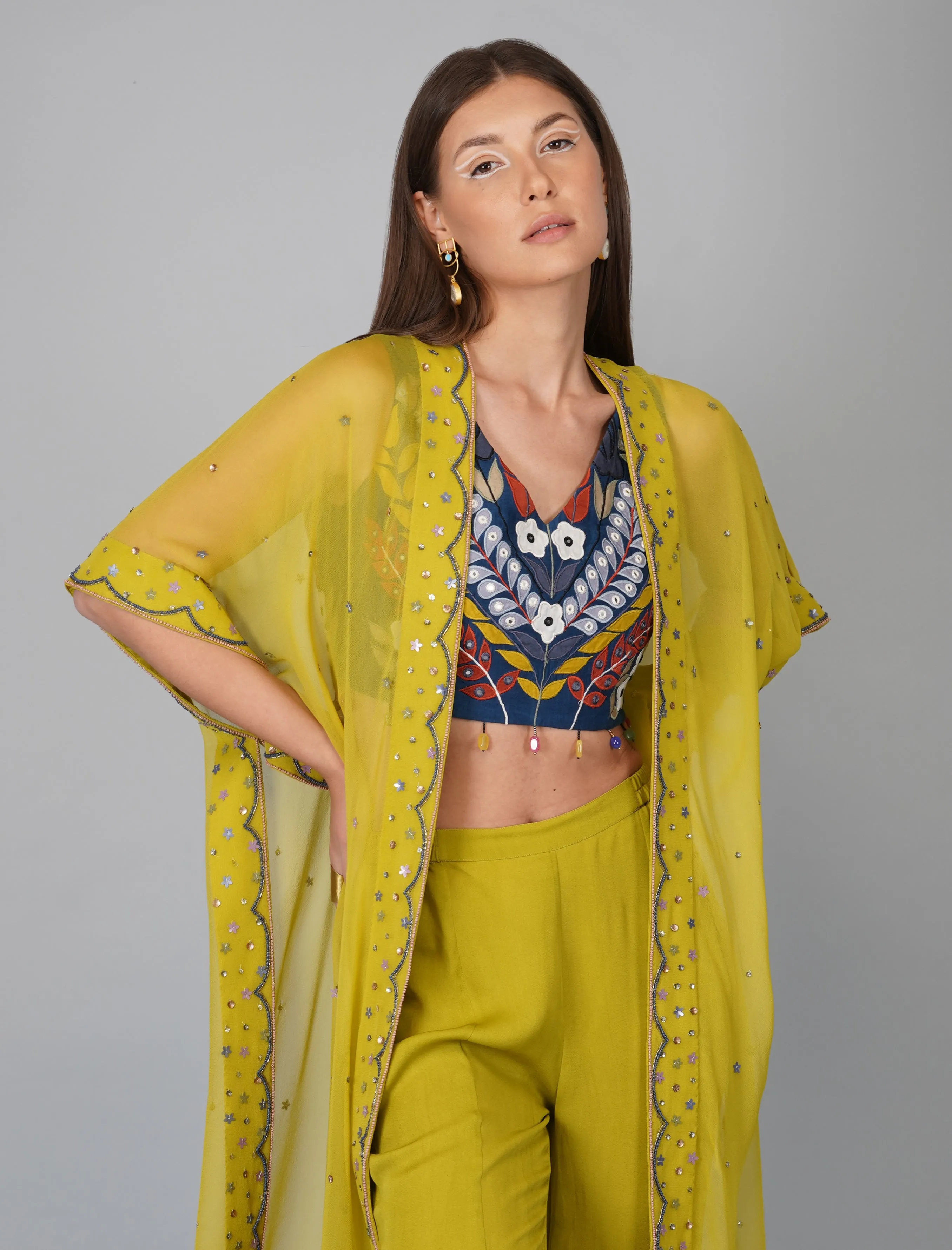 Green Hand Embroidered Applique Blouse Cape Set