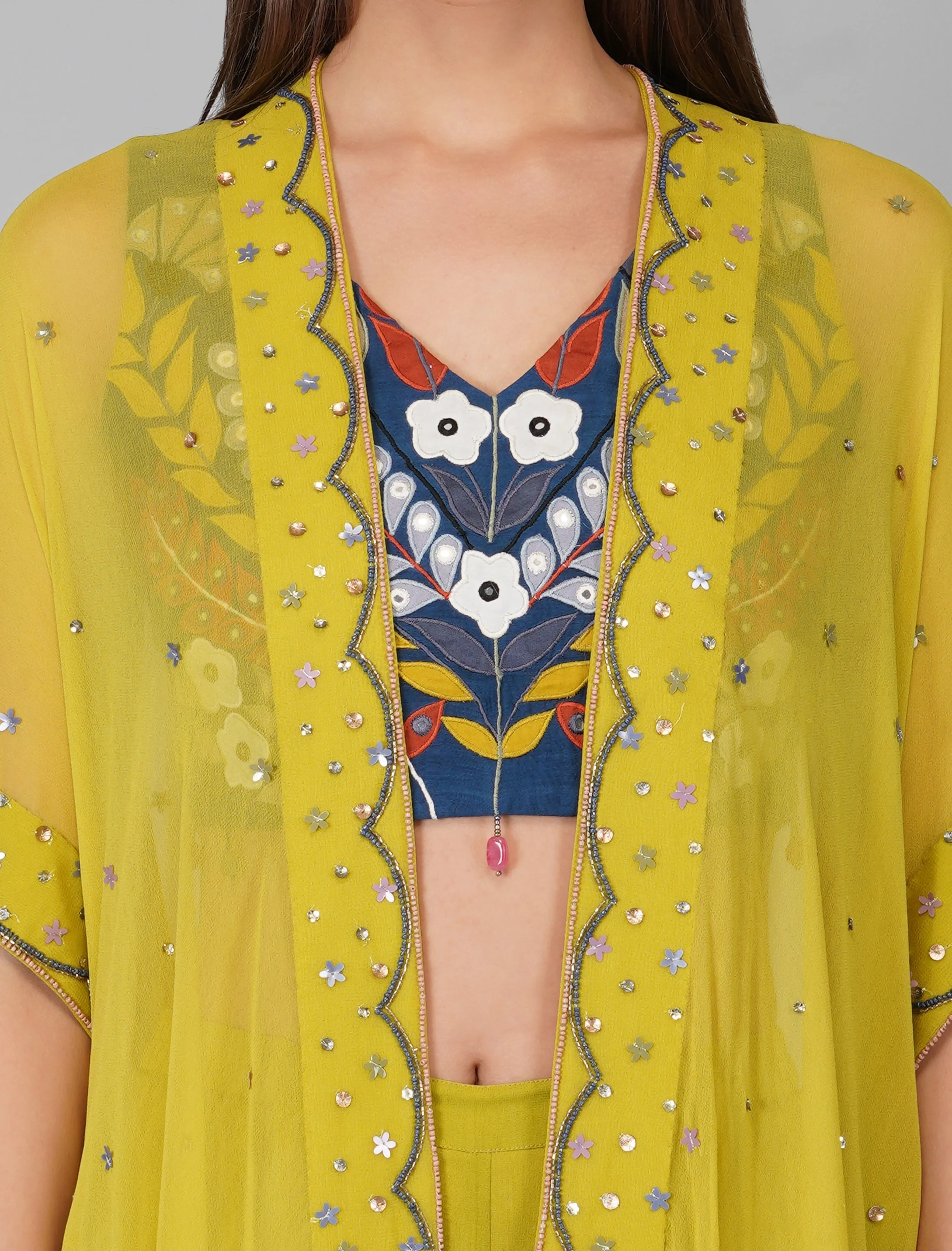 Green Hand Embroidered Applique Blouse Cape Set