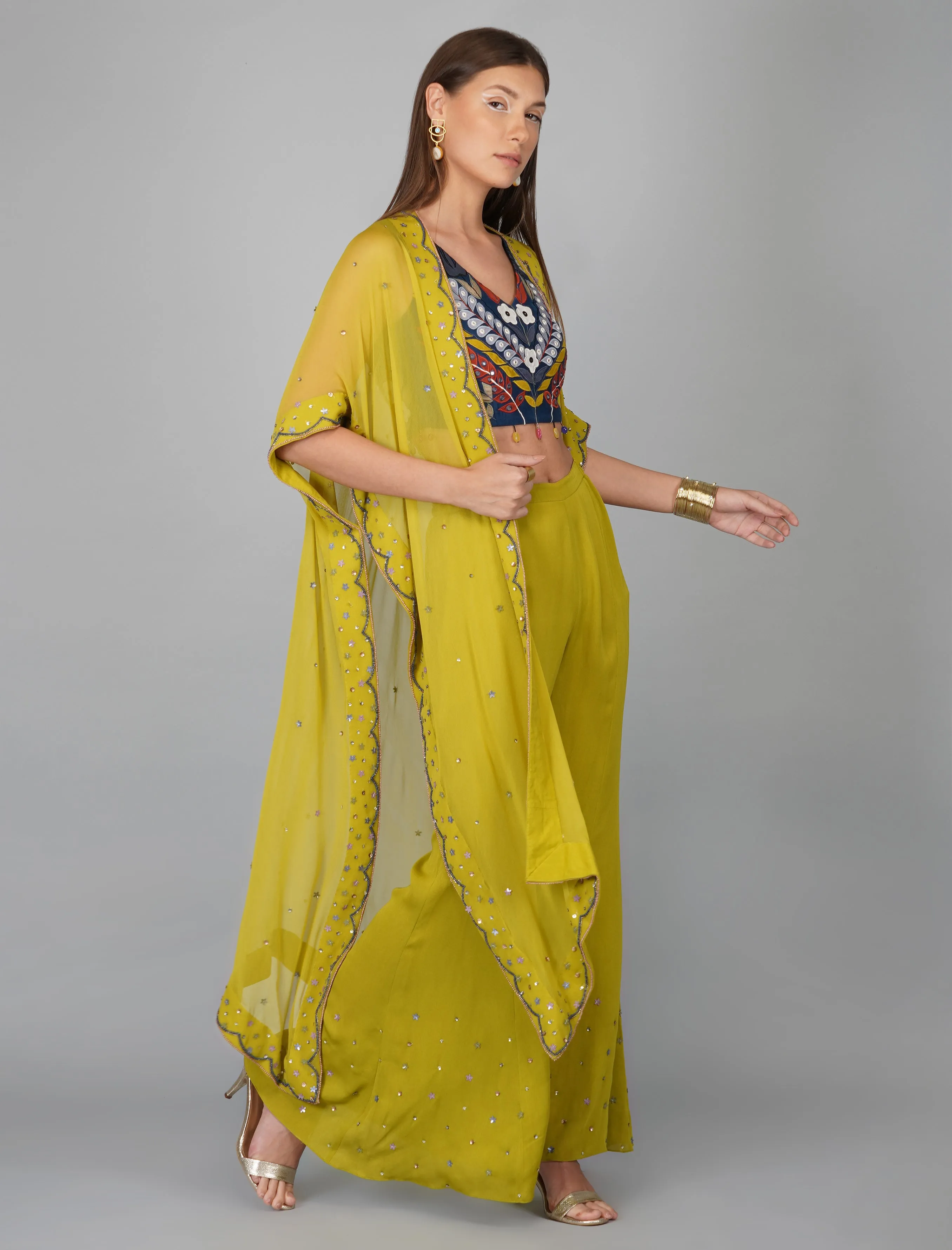 Green Hand Embroidered Applique Blouse Cape Set