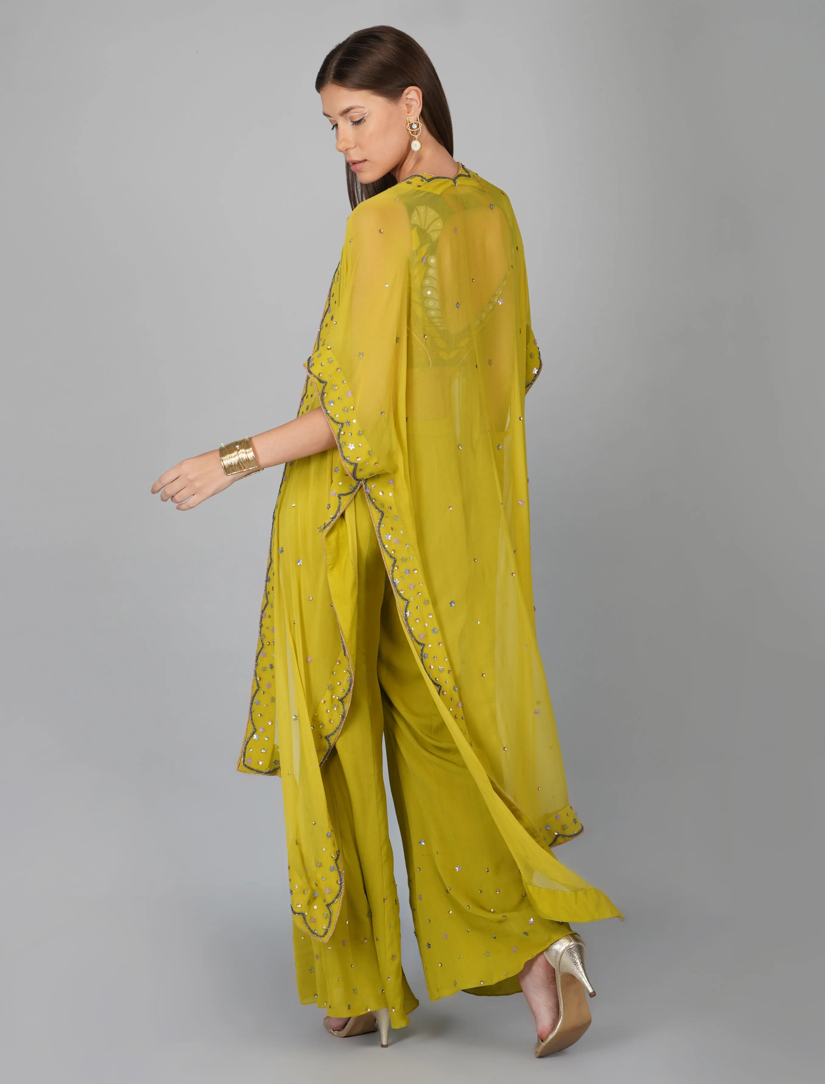 Green Hand Embroidered Applique Blouse Cape Set