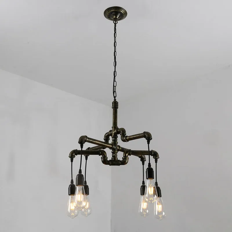 Industrial Bronze Water Pipe Chandelier: 2-Layer, Iron, 4/6 Heads, Dining Room Ceiling Light