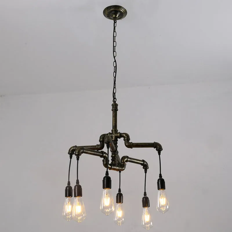 Industrial Bronze Water Pipe Chandelier: 2-Layer, Iron, 4/6 Heads, Dining Room Ceiling Light