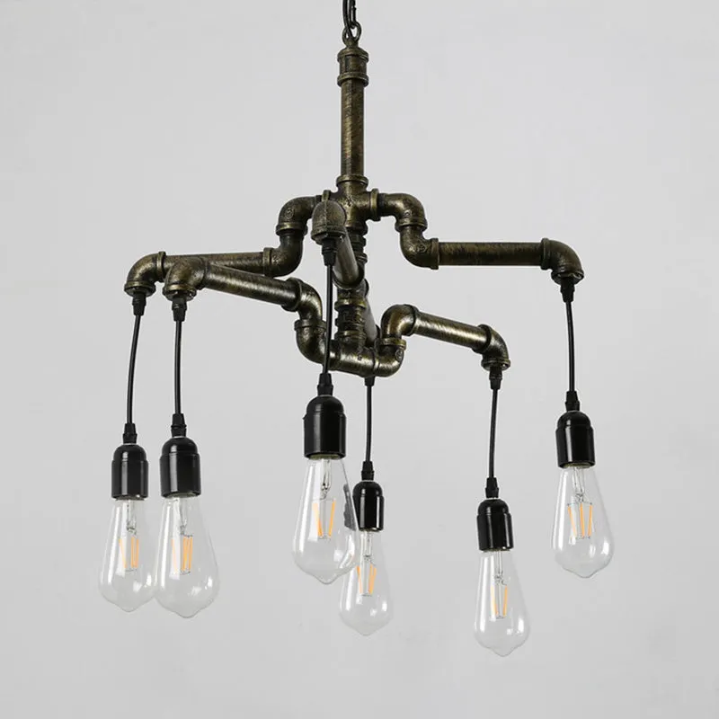 Industrial Bronze Water Pipe Chandelier: 2-Layer, Iron, 4/6 Heads, Dining Room Ceiling Light