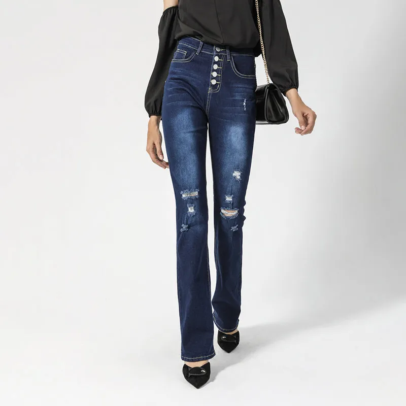 Julia Fashion - Women's Jeans  Casual Button Hole Slim Flared Pants