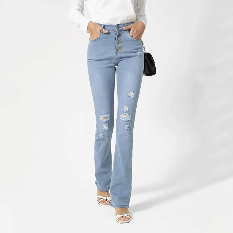 Julia Fashion - Women's Jeans  Casual Button Hole Slim Flared Pants