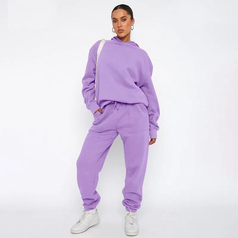 Ladies Solid Color Hoodie and Pants Sets 211337