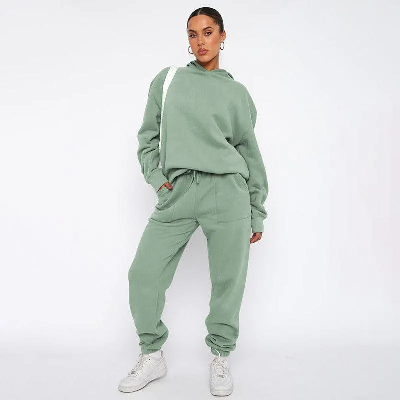 Ladies Solid Color Hoodie and Pants Sets 211337