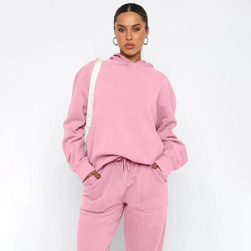 Ladies Solid Color Hoodie and Pants Sets 211337