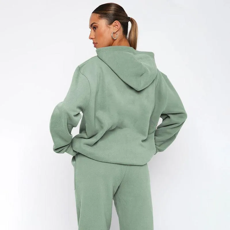 Ladies Solid Color Hoodie and Pants Sets 211337