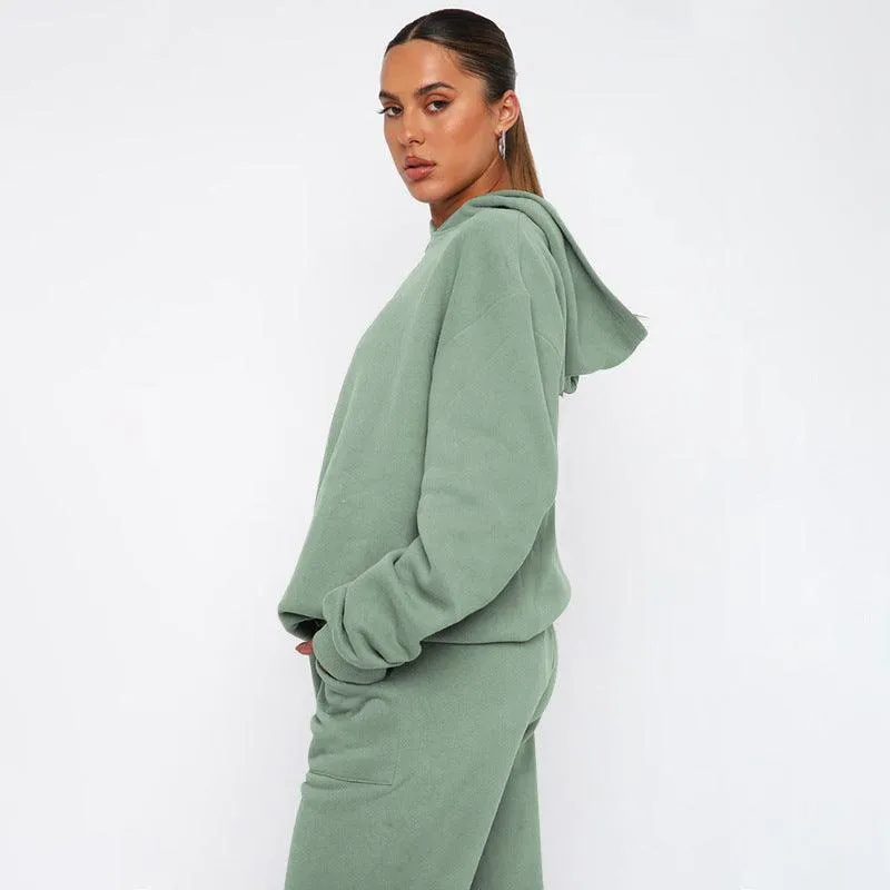 Ladies Solid Color Hoodie and Pants Sets 211337
