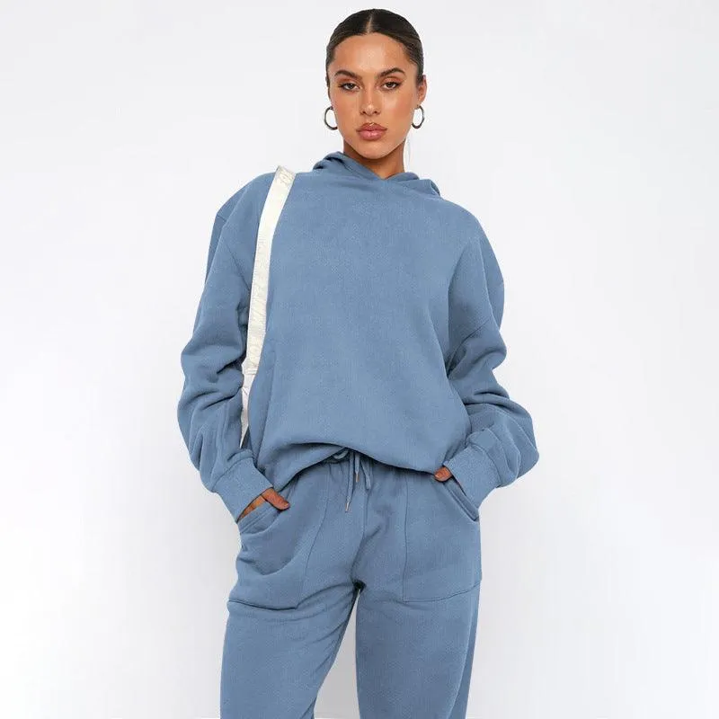 Ladies Solid Color Hoodie and Pants Sets 211337