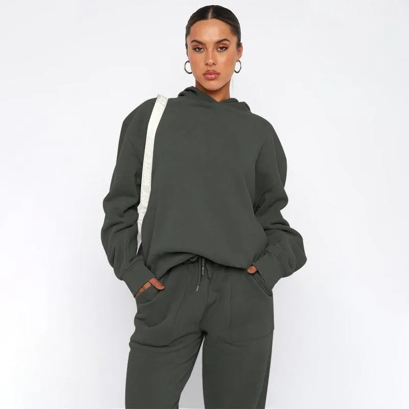 Ladies Solid Color Hoodie and Pants Sets 211337