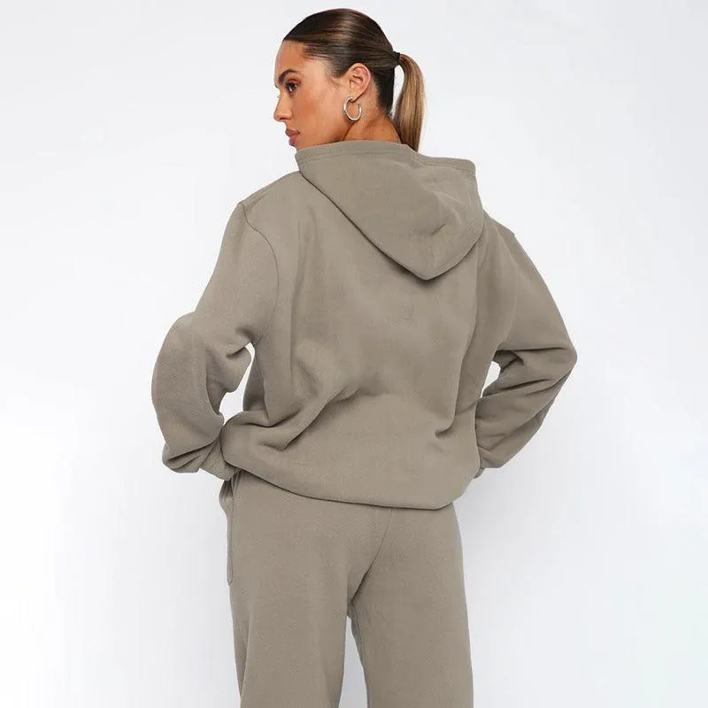 Ladies Solid Color Hoodie and Pants Sets 211337