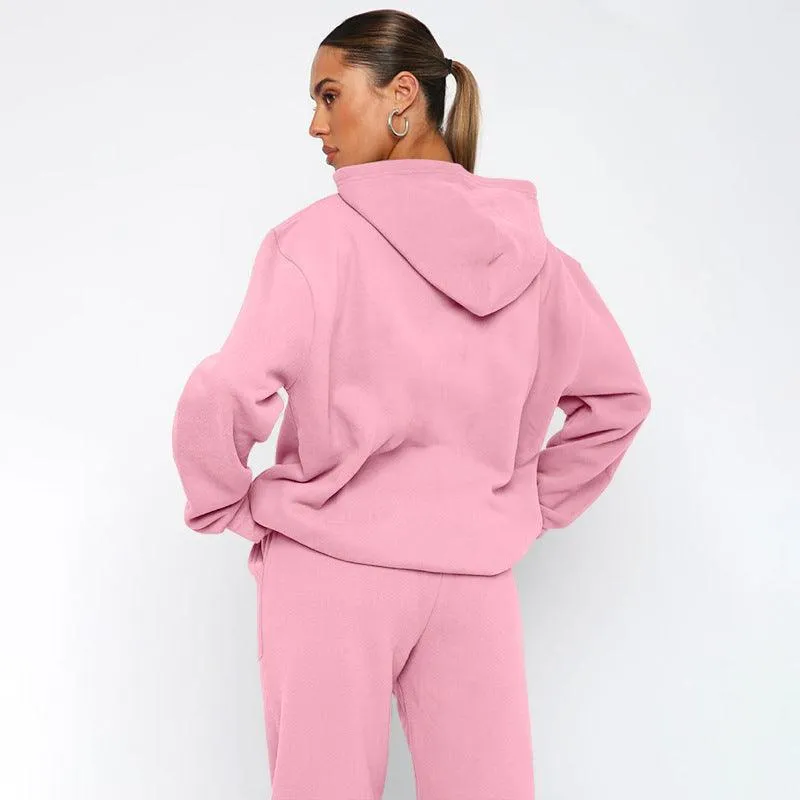 Ladies Solid Color Hoodie and Pants Sets 211337