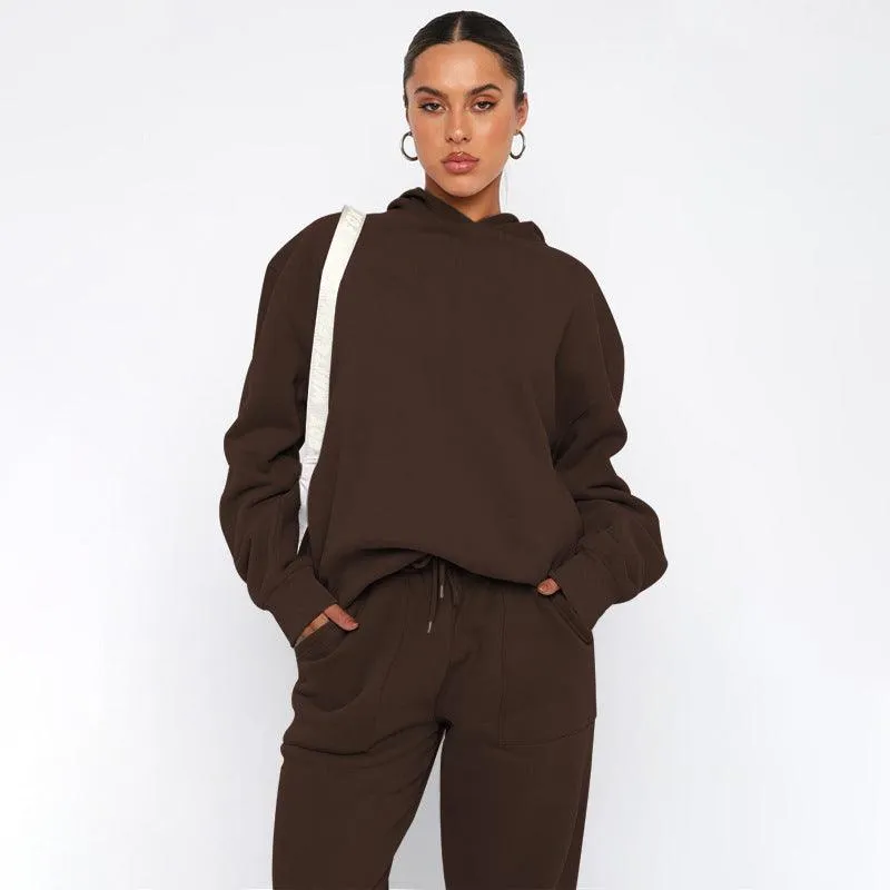 Ladies Solid Color Hoodie and Pants Sets 211337