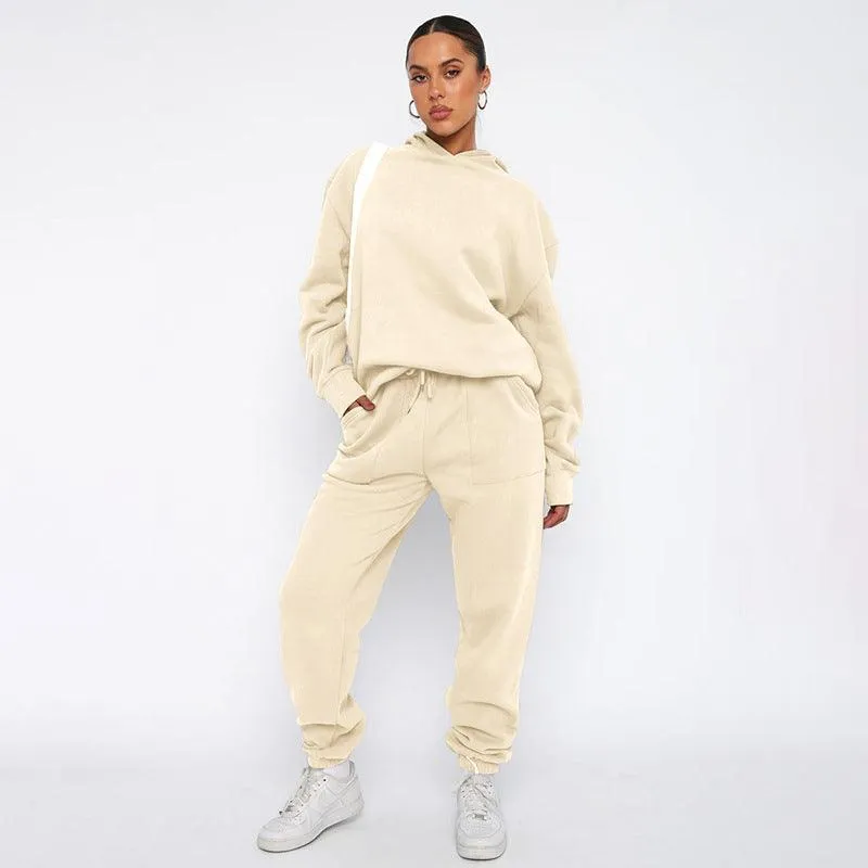 Ladies Solid Color Hoodie and Pants Sets 211337