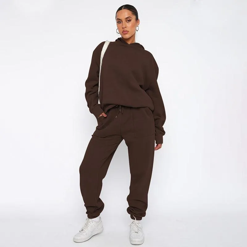 Ladies Solid Color Hoodie and Pants Sets 211337