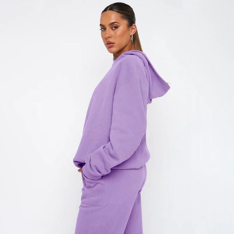 Ladies Solid Color Hoodie and Pants Sets 211337