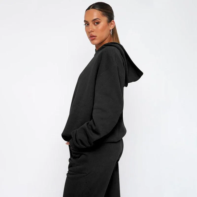 Ladies Solid Color Hoodie and Pants Sets 211337