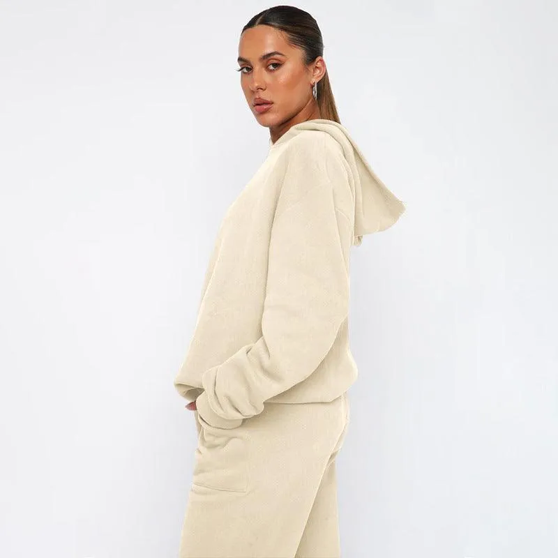 Ladies Solid Color Hoodie and Pants Sets 211337
