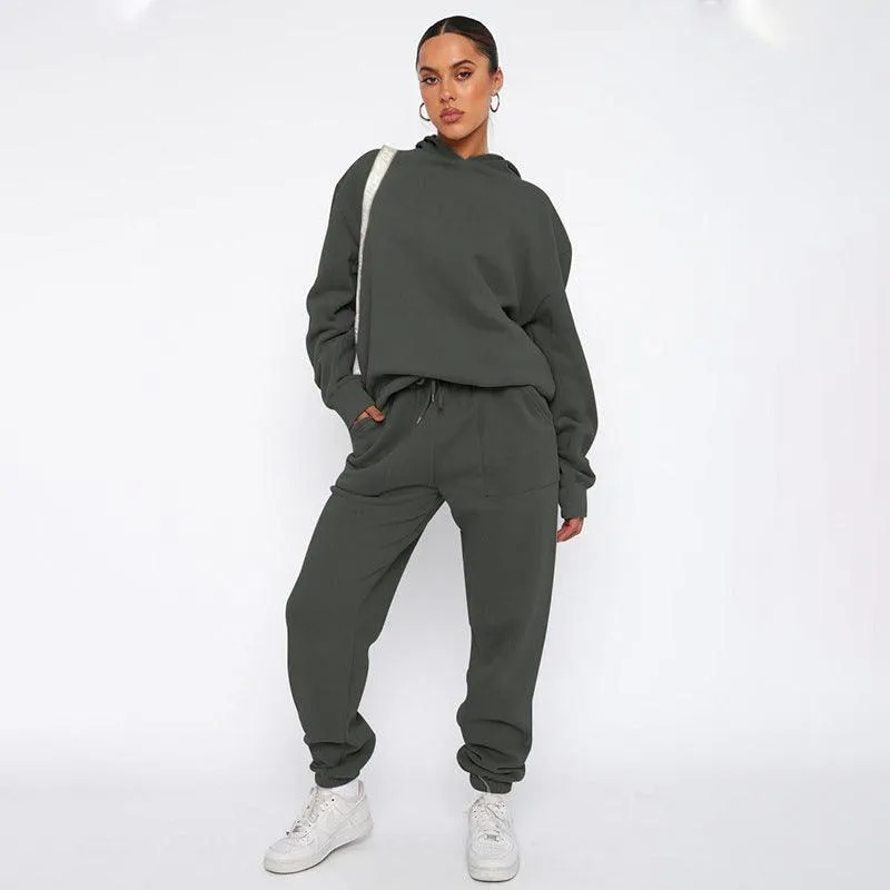 Ladies Solid Color Hoodie and Pants Sets 211337