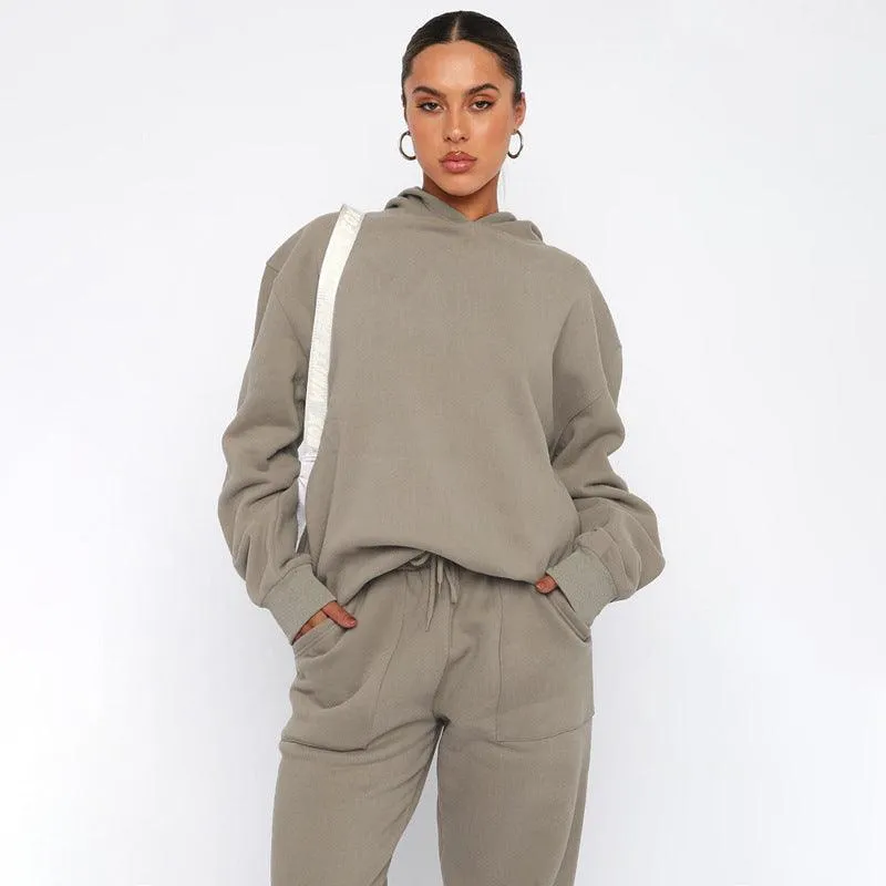 Ladies Solid Color Hoodie and Pants Sets 211337