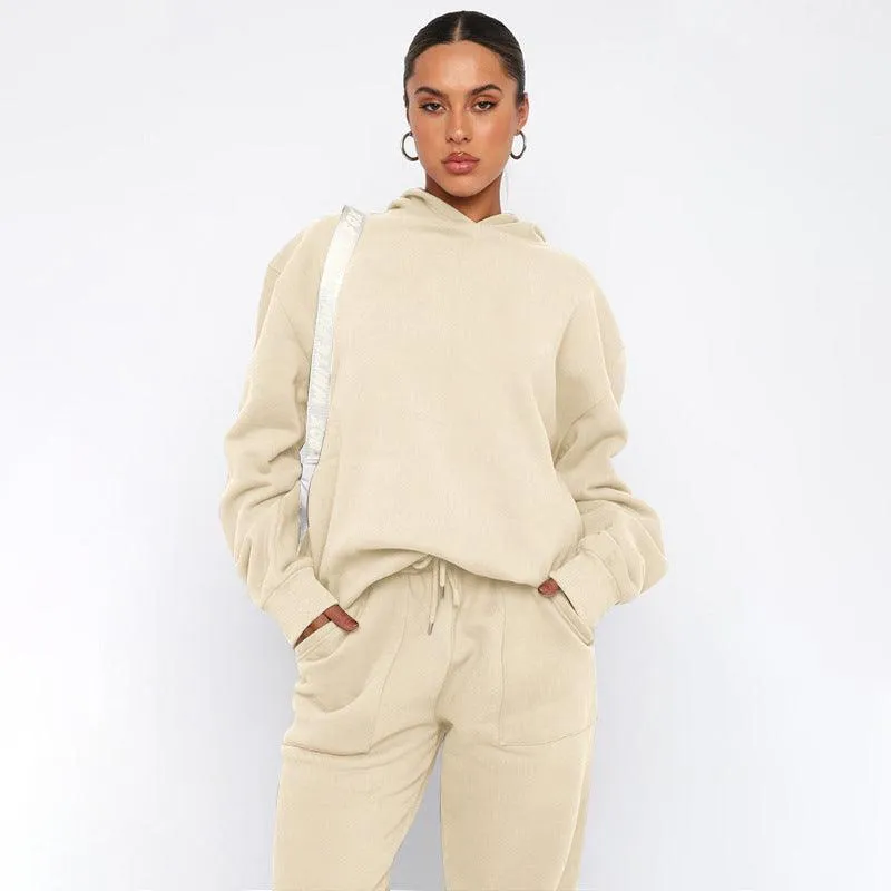 Ladies Solid Color Hoodie and Pants Sets 211337