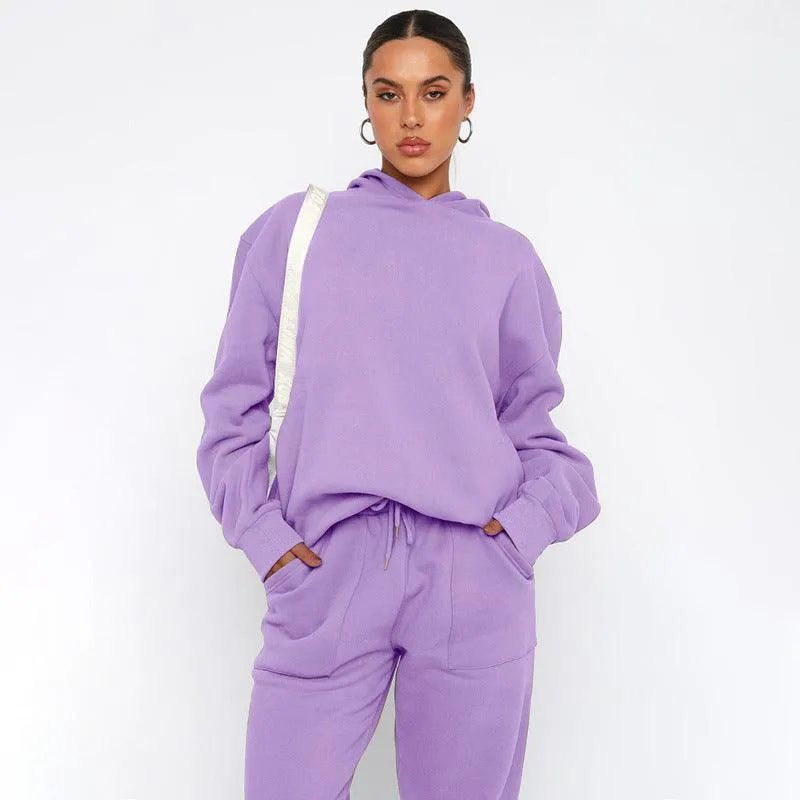 Ladies Solid Color Hoodie and Pants Sets 211337