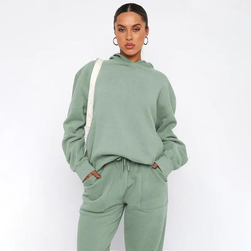Ladies Solid Color Hoodie and Pants Sets 211337