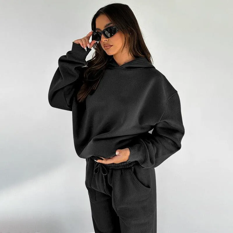 Ladies Solid Color Hoodie and Pants Sets 211337