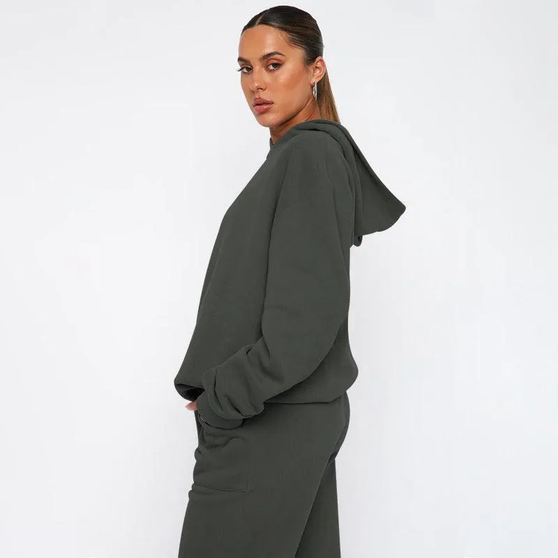 Ladies Solid Color Hoodie and Pants Sets 211337