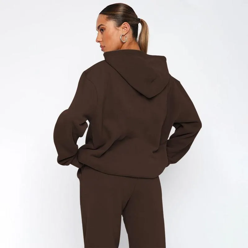 Ladies Solid Color Hoodie and Pants Sets 211337