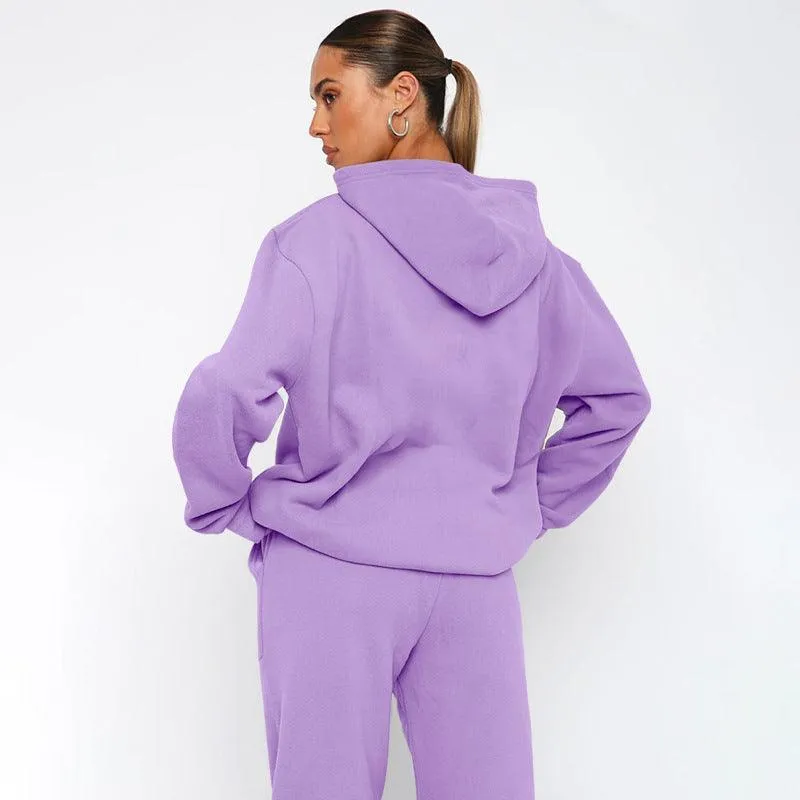 Ladies Solid Color Hoodie and Pants Sets 211337