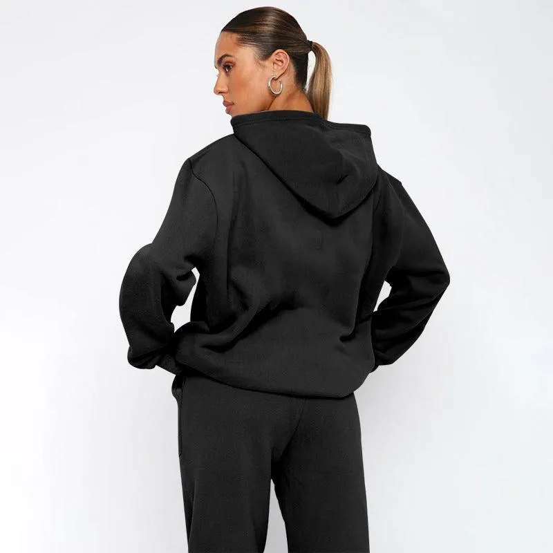 Ladies Solid Color Hoodie and Pants Sets 211337