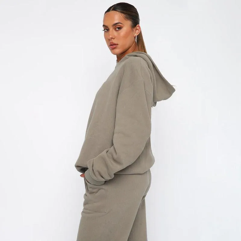 Ladies Solid Color Hoodie and Pants Sets 211337