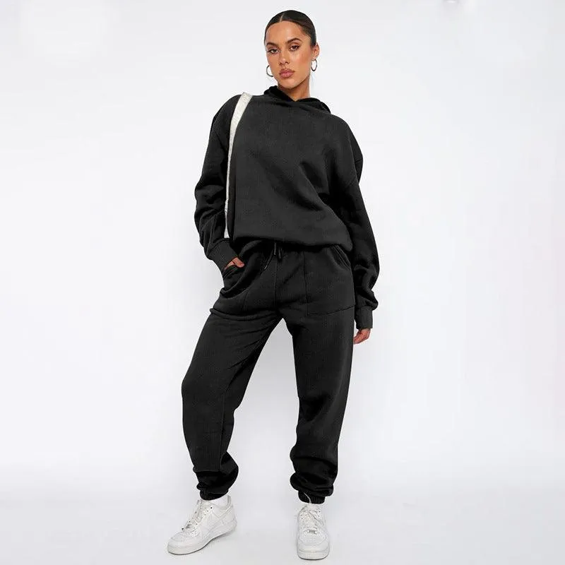 Ladies Solid Color Hoodie and Pants Sets 211337