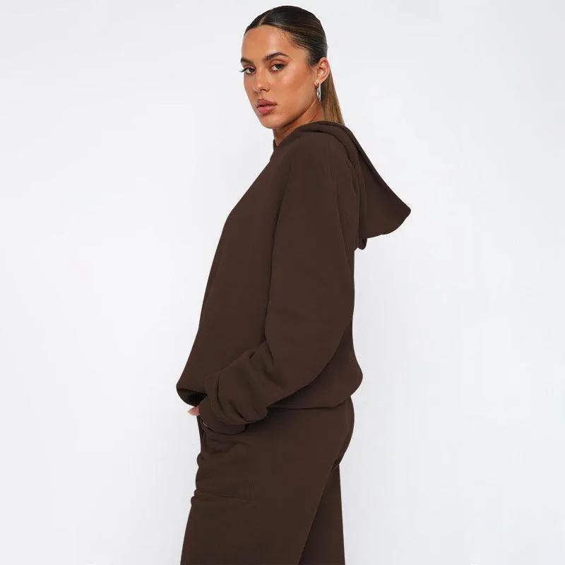 Ladies Solid Color Hoodie and Pants Sets 211337