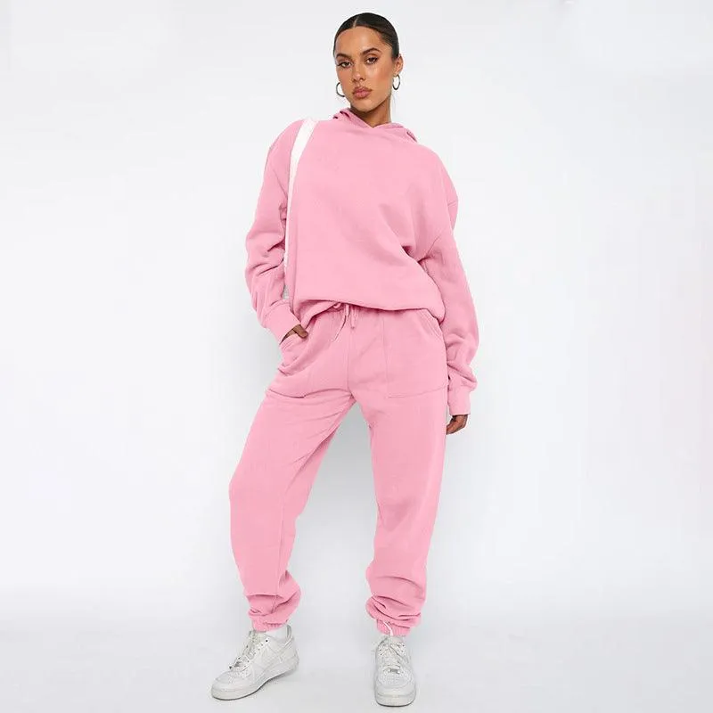 Ladies Solid Color Hoodie and Pants Sets 211337