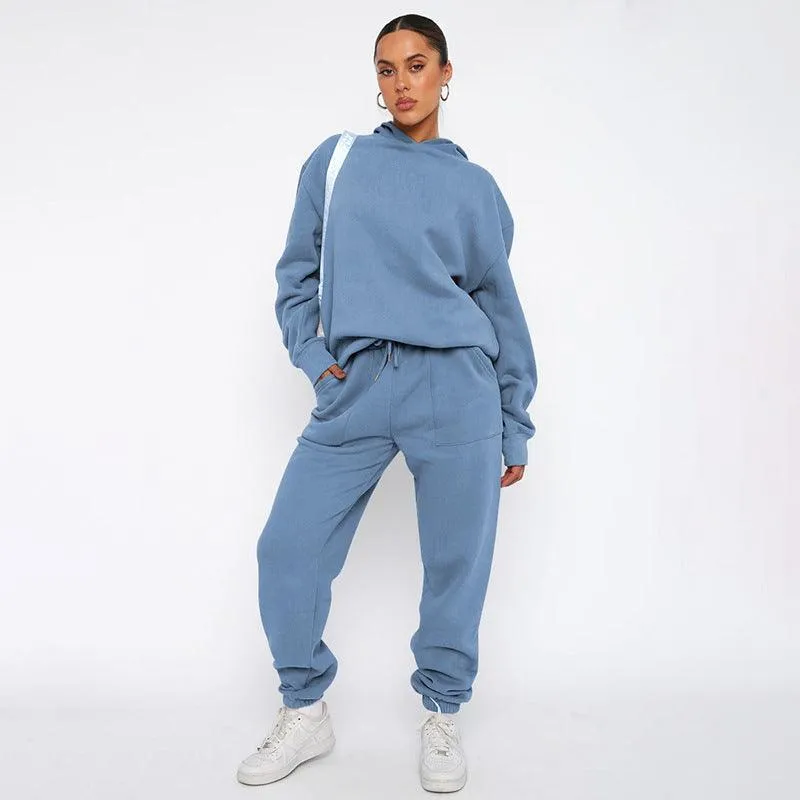 Ladies Solid Color Hoodie and Pants Sets 211337