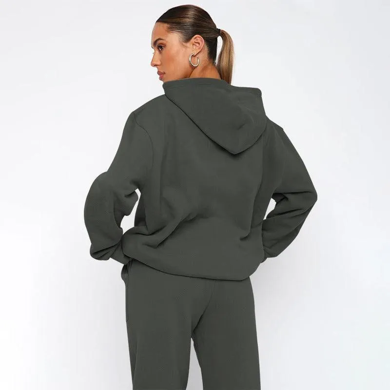 Ladies Solid Color Hoodie and Pants Sets 211337