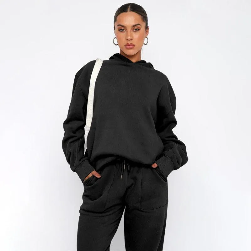 Ladies Solid Color Hoodie and Pants Sets 211337