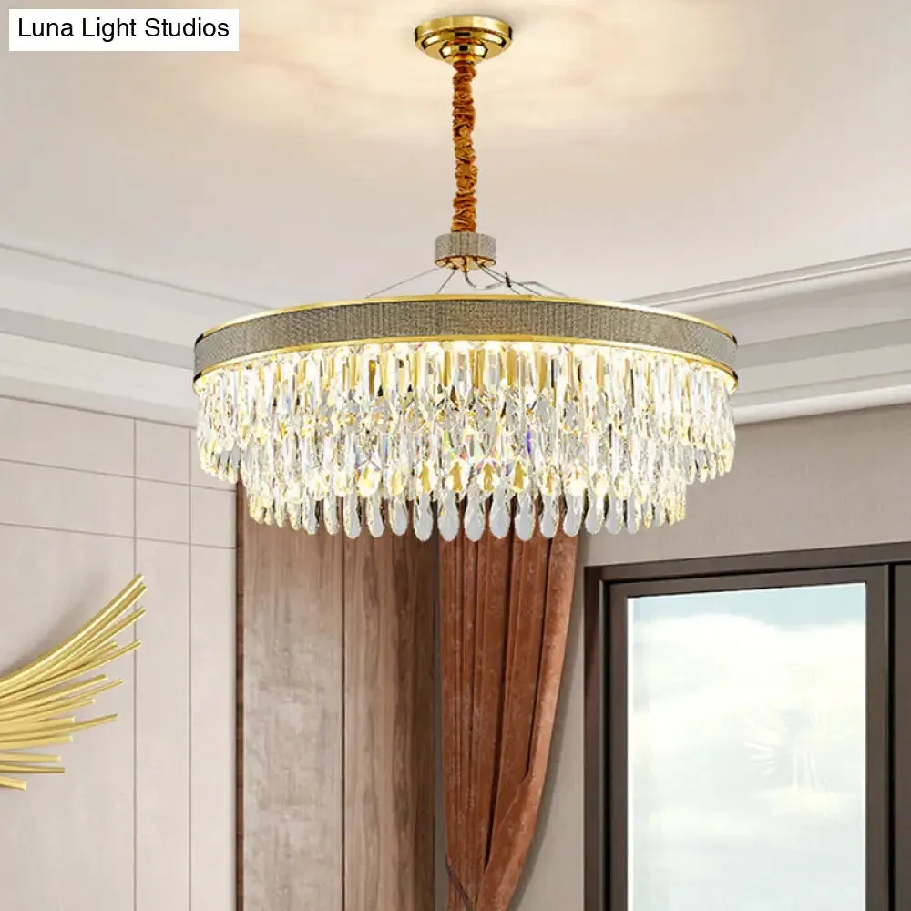 LED Hanging Chandelier - Modern Gold Finish, Clear Crystal Draping, 2-Layer Round Design - 18"/23.5" Width