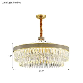 LED Hanging Chandelier - Modern Gold Finish, Clear Crystal Draping, 2-Layer Round Design - 18"/23.5" Width