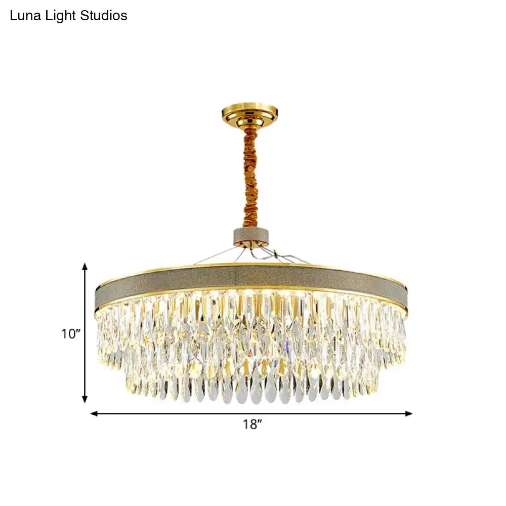 LED Hanging Chandelier - Modern Gold Finish, Clear Crystal Draping, 2-Layer Round Design - 18"/23.5" Width