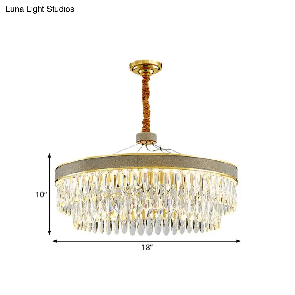 LED Hanging Chandelier - Modern Gold Finish, Clear Crystal Draping, 2-Layer Round Design - 18"/23.5" Width