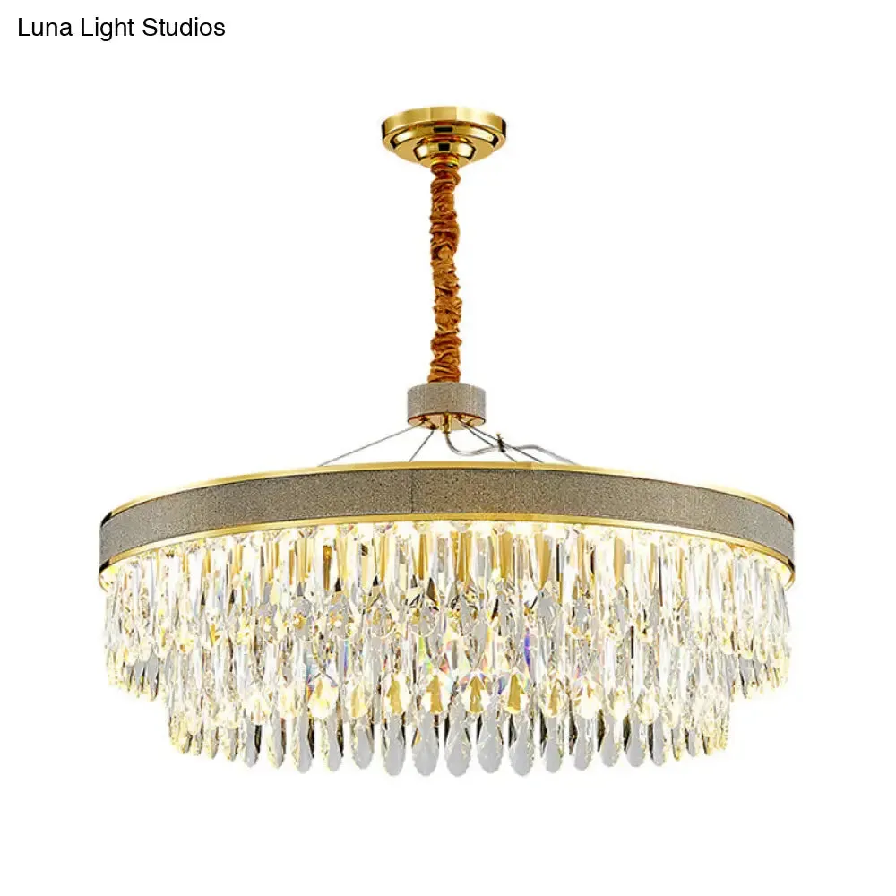 LED Hanging Chandelier - Modern Gold Finish, Clear Crystal Draping, 2-Layer Round Design - 18"/23.5" Width