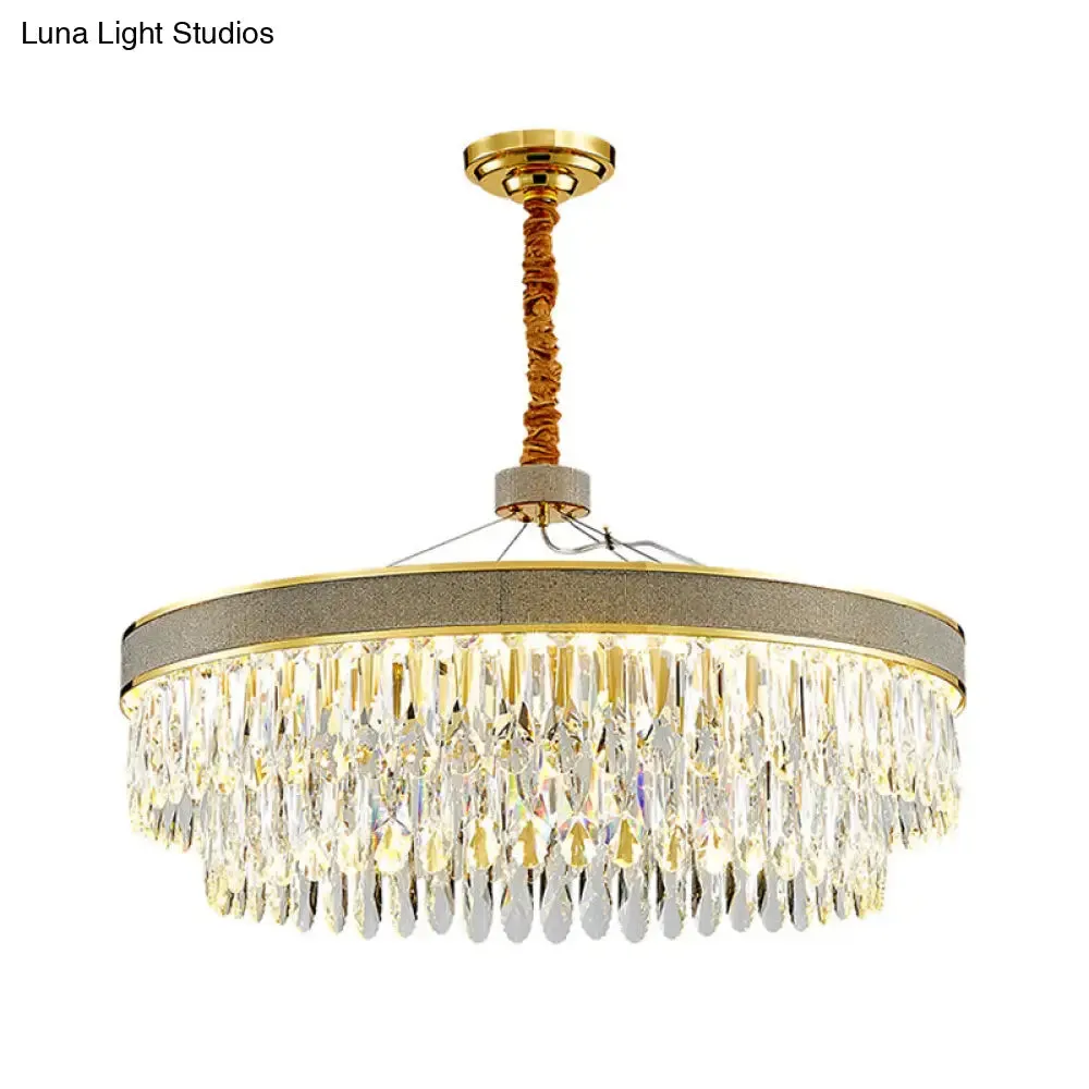 LED Hanging Chandelier - Modern Gold Finish, Clear Crystal Draping, 2-Layer Round Design - 18"/23.5" Width
